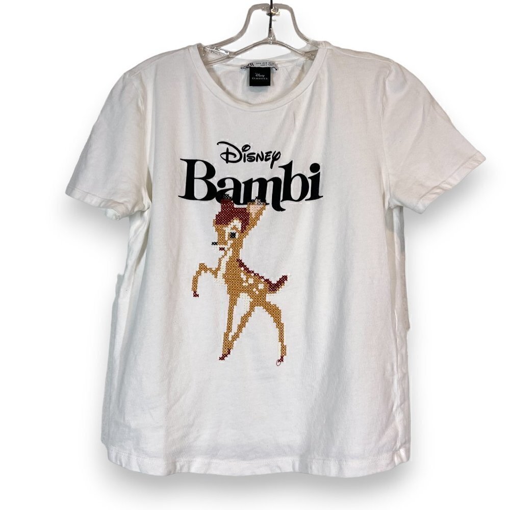 Zara Disney Bambi T-Shirt Tee Embroidered White Cross Stitch Medium